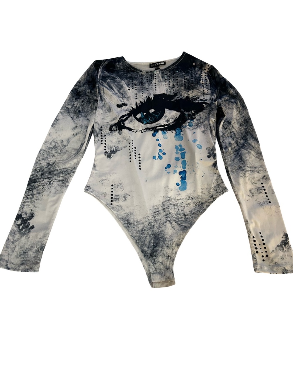 BRAND NEW! Fashion Nova White and Blue Eye Print Long Sleeve Bodysuit